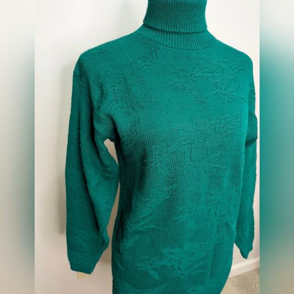 VTG Mathias bright forest green turtleneck floral knit tunic top sweater sz Sm - Picture 2 of 7